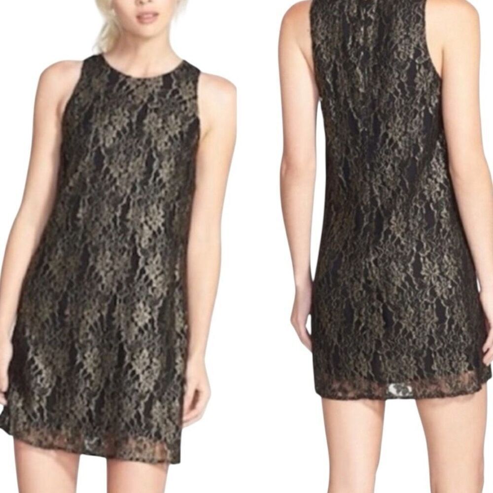 ASTR Women's Floral Gold Lace Sleeveless Mini Cocktail Dress Black Small NWT